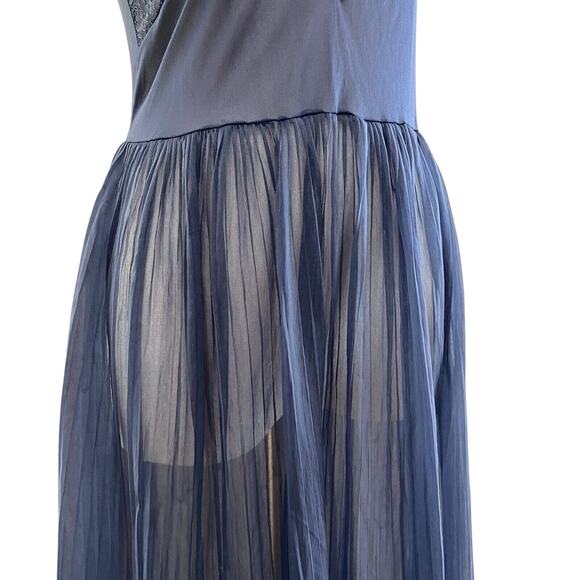 Vintage 50s Navy Lace & Nylon Chiffon Crystal Pleated Full Slip Dress Size S - Picture 6 of 9